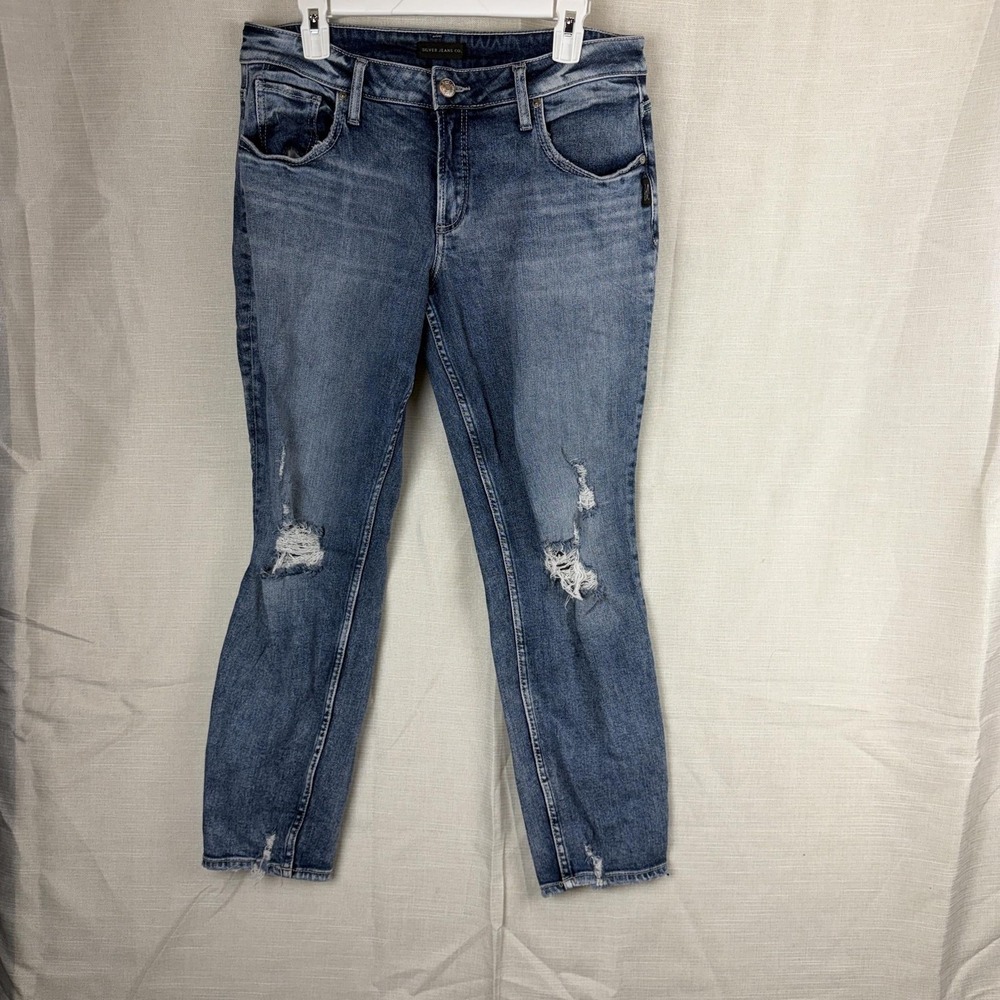 Silver Jeans Co Boyfriend Jeans Womens W30 L29 Medium Wash Distressed Blue Denim